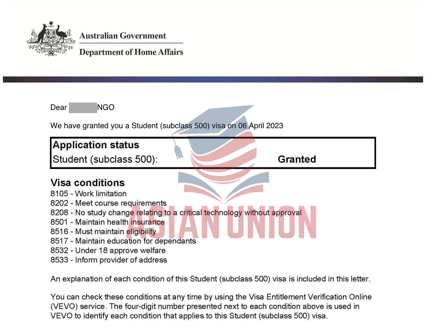 Chúc mừng Ngô Mỹ Anh đậu visa Úc 500