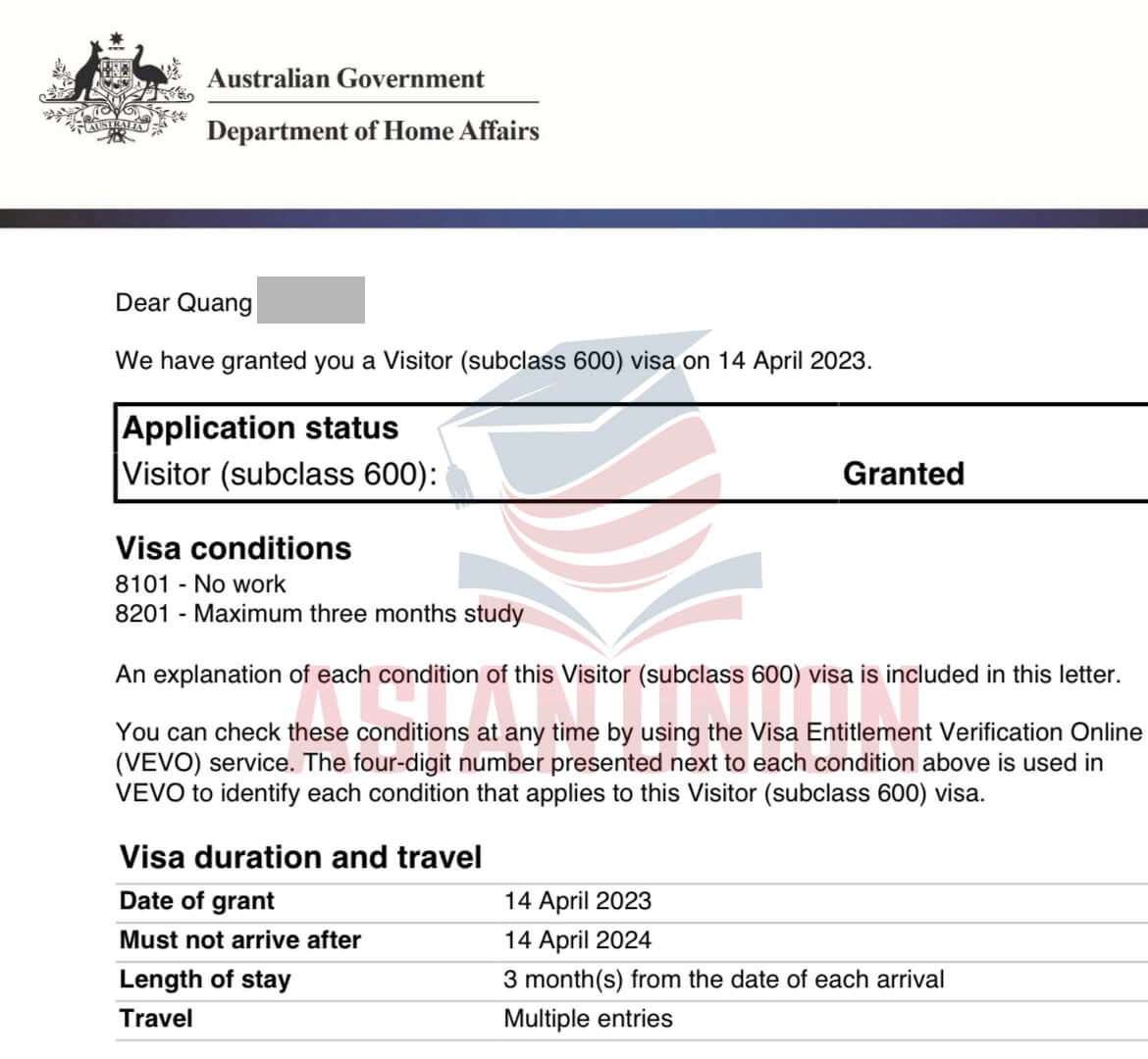 Chúc mừng Lê Quang Dũng đậu visa Úc 600