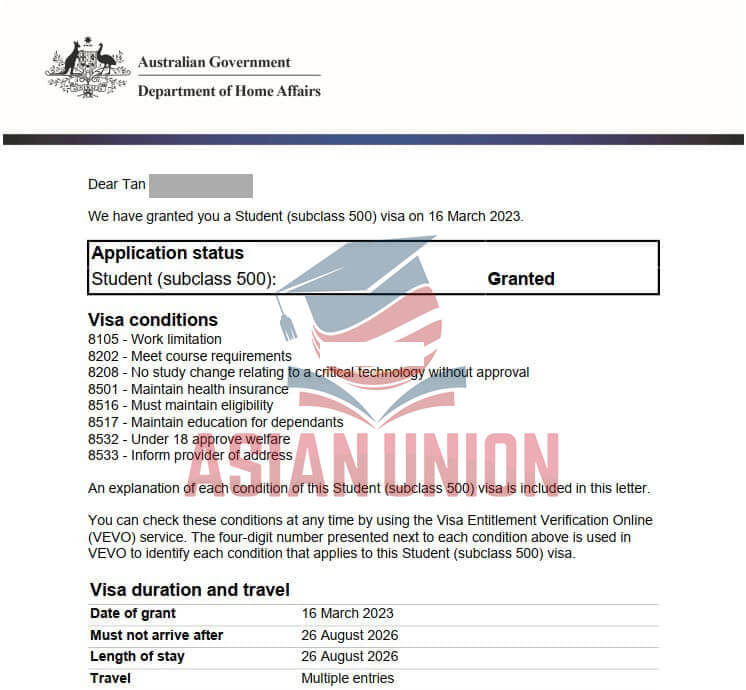 Chúc mừng Tân Duy đậu visa Úc 500