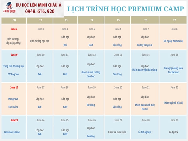 Lịch trình du học hè Anh ngữ LSLC của chương trình Premium Summer Camp