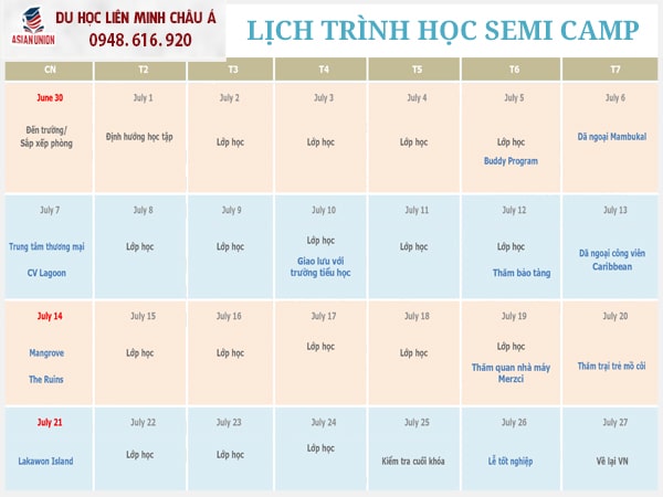 Lịch trình du học hè Anh ngữ LSLC của chương trình Semi Summer Camp