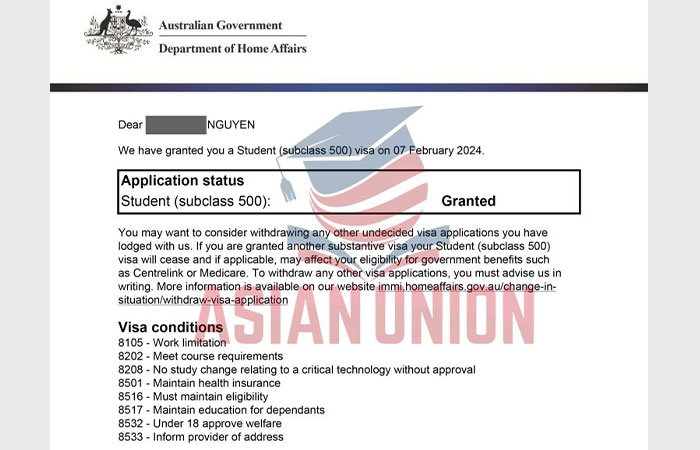 học sinh Minh Huy đậu visa du học Úc 500 tại LMCA