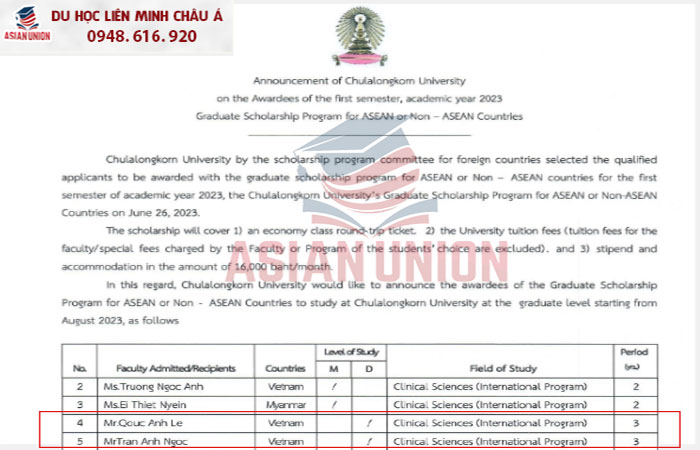 Học sinh Liên Minh Châu Á trúng tuyển đại học Chulalongkorn